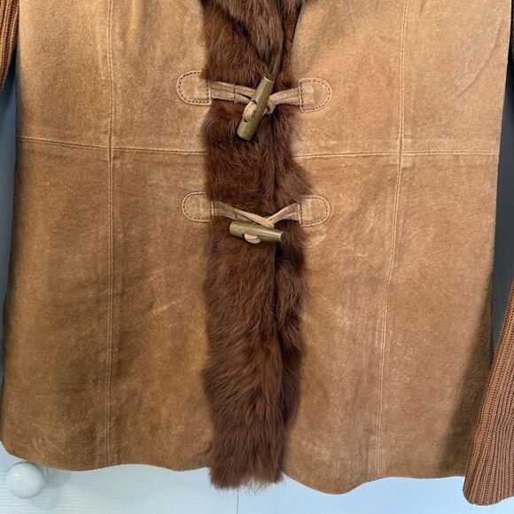 Nygard Brown Suede Leather Sweater Jacket Rabbit Fur Collar Women’s Size S (6-8) - Picture 3 of 8